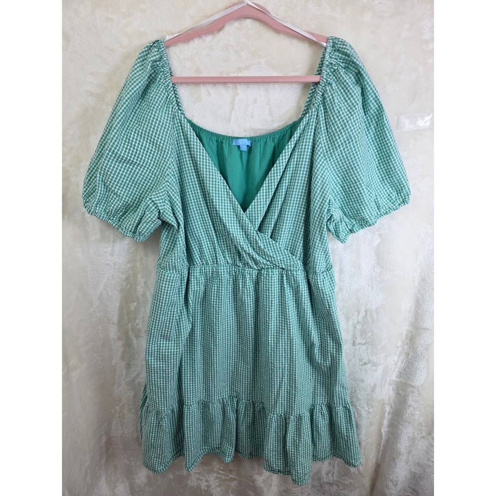 Draper James RSVP Womens 2X Green Gingham Seersucker Puff Sleeve Dress KDP7366SG